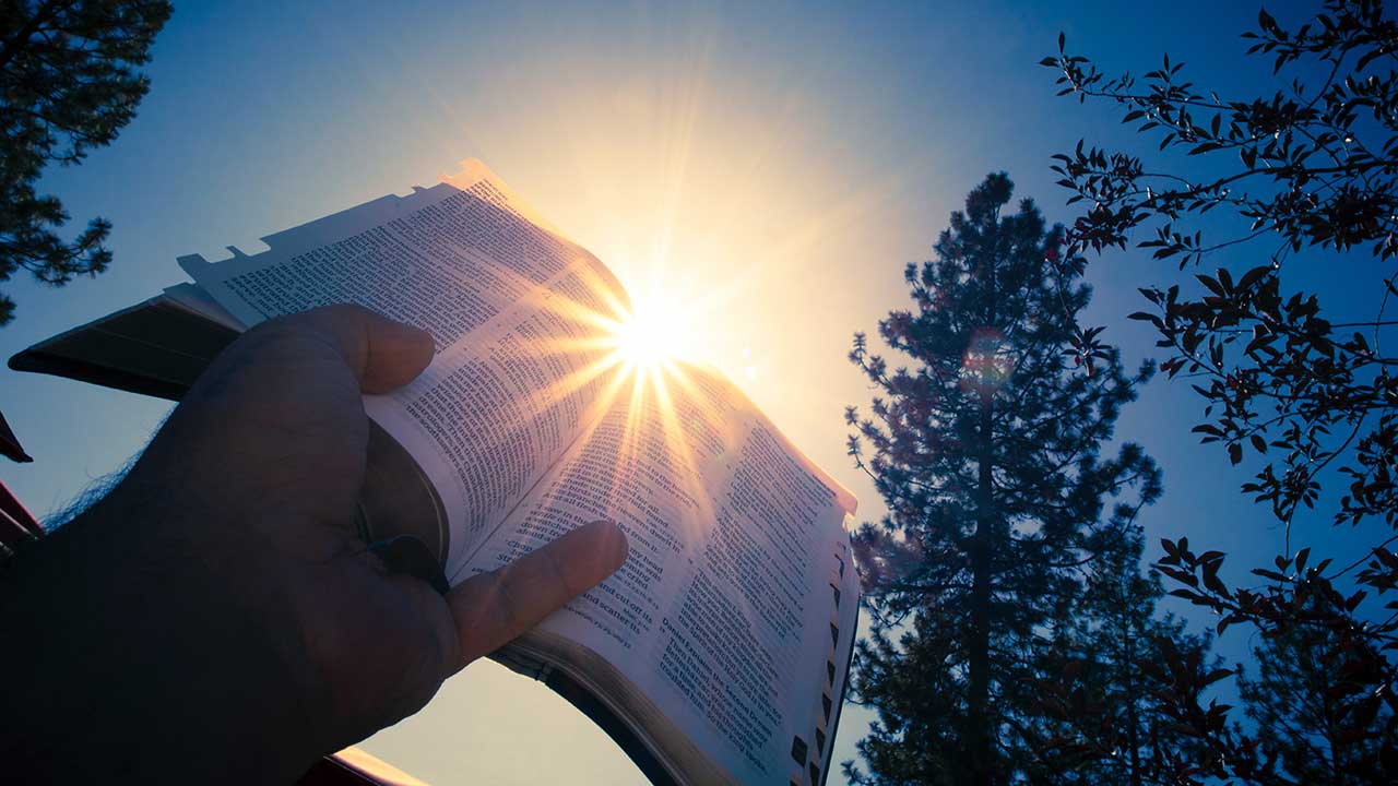 Hand hält eine Bibel gegen das Sonnenlicht