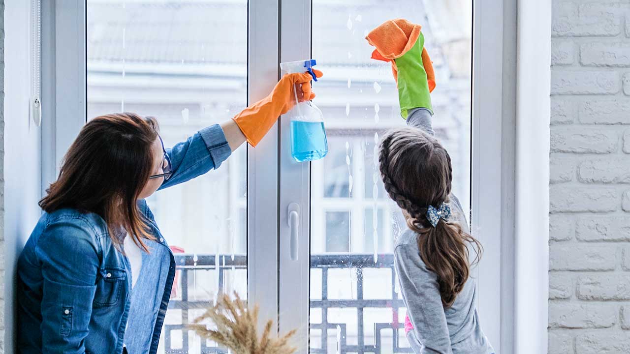 Mutter und Tochter putzen zusammen ein Fenster