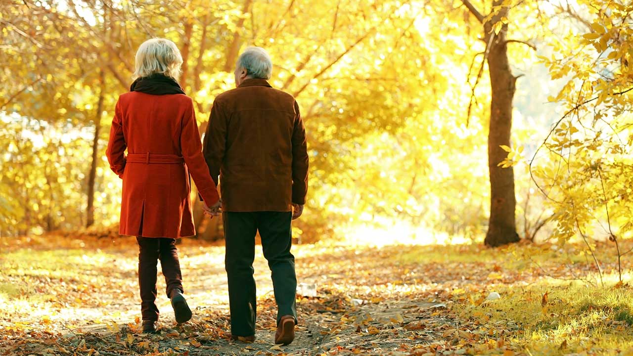 Seniorenpaar spaziert im goldenen Herbst | (c) 123rf