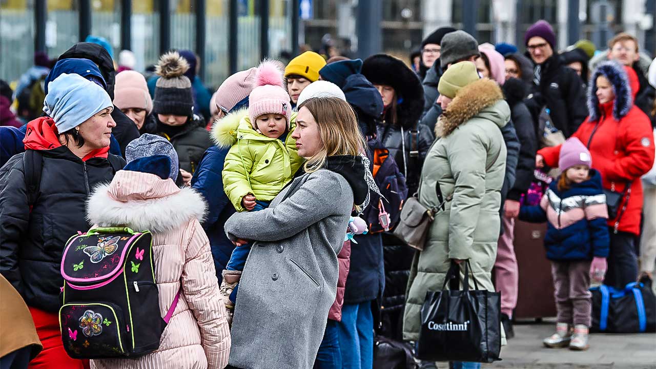 Flüchtlinge in Lviv, Ukraine im März 2022